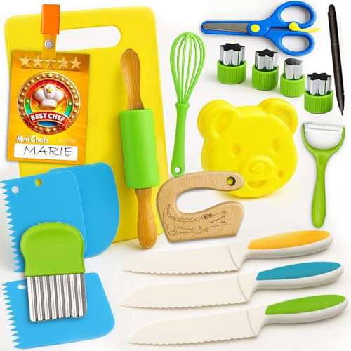 Lalfof Kit Cuisine Enfant Sécurité avec 3 Couteau Enfant | 20 Ustensiles de Cuisine Enfants Montessori | Jouet Enfant 2 Ans avec Coffret Cadeau Enfant 2 Ans|...
