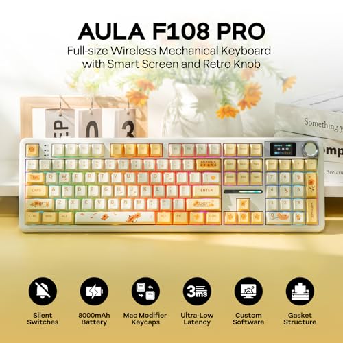 Image of EPOMAKER X Aula F108 PRO Wireless Gaming Keyboard with Screen, 8000mAh Battery, 104 Hot-Swappable and Programmable Keys and Knob, RGB Backlight, for Mac /PC /Android (Grey&Yellow)