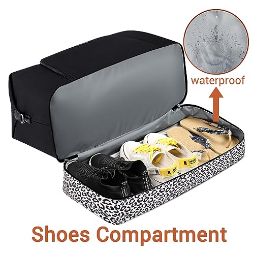 Image of Travel Weekender Bag for Women, 21 inch Overnight Bag with Shoe Compartment 50L Large Travel Duffel Bag Carry On Tote for Weekend, Overnight, Business Trips, Water Resistant, Q- Black&Leopard, Large