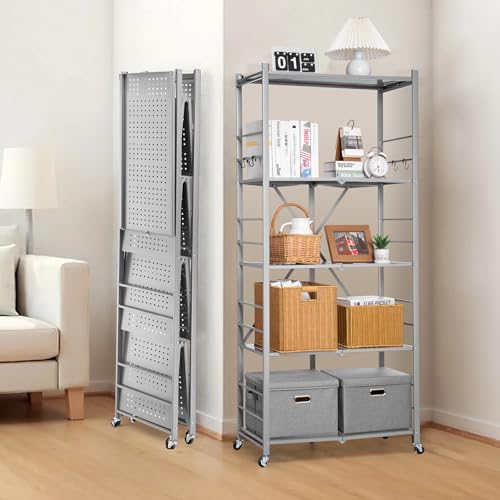 Image of VEVOR 5-Tier Foldable Storage Shelf, 32W x 14D x 72H Inch Folding Metal Rack Shelving Unit, Heavy Duty No Assembly Organizer Shelf with 5 Wheels & 4 Hooks for Pantry, Kitchen, Garage, Basement, Grey