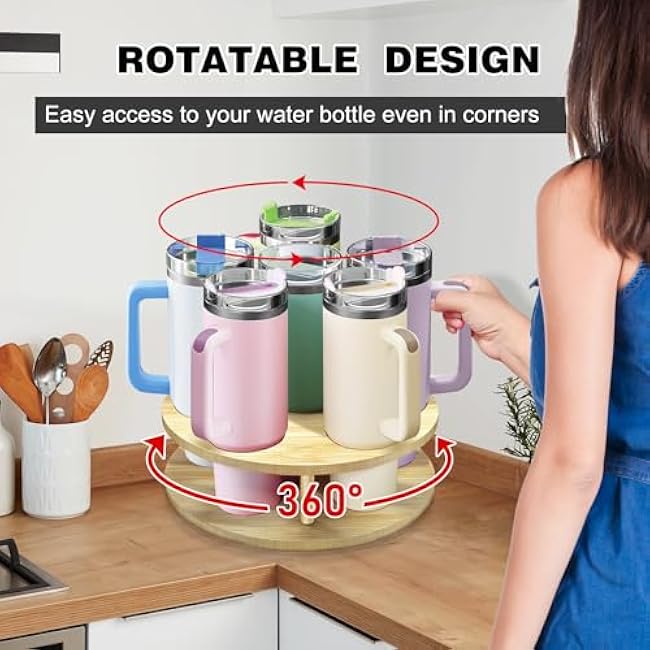 Water Bottle Organizer for Stanley Tumbler, Rotatable Stanley Cup Organizer for Kitchen Cabinets, Tumbler Holder Organizer for Stanley Cup Accessories(Wood)