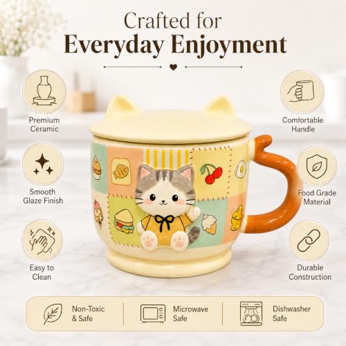 Image of Vasukie Cute Cat Ceramic Coffee Mug with Cat Ears Lid & Tail Handle | 3D Patchwork Tea Cup for Milk, Soup, & Hot Cocoa | Kawaii Brown Drinkware Gift for Cat Lovers (Character May Vary)