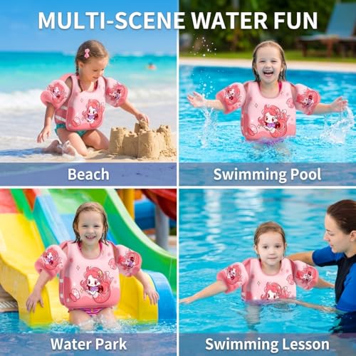 Image of Proberos Kids Swim Float Vest Non-Inflatable Swim Buoyancy with Arm Floats Adjustable Toddler Swim Aid Foam Inserts Buoyancy, Cartoon Swimming Training Polyester Jacket for Pool Water Learning