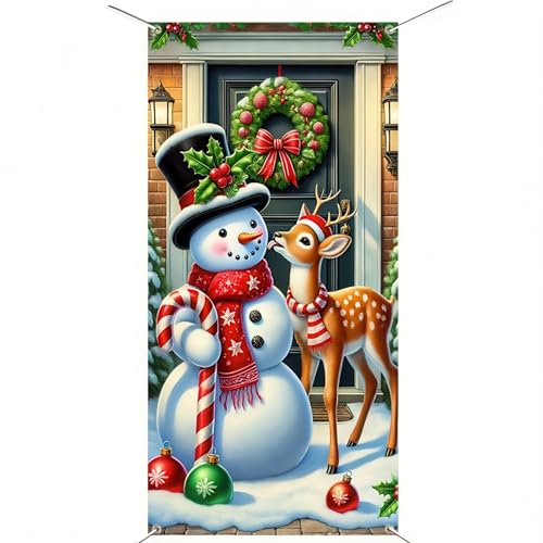 Image of BlissYard Christmas Door Cover 71x35 Inch Snowman and Reindeer Door Banner, Merry Christmas Door Decoration for Front Door, Indoor Outdoor Holiday Backdrop, Winter Xmas Party Door Hanging