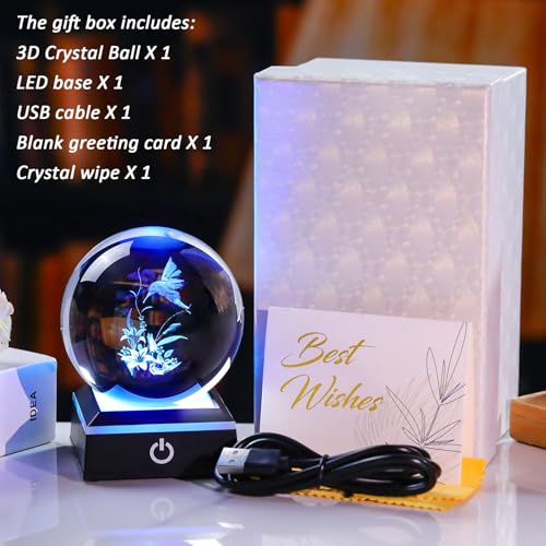Image of 3D Crystal Ball Hummingbird with Lily Flowers Gifts for Women Unique Snow Globe Decor for Adults Glass Humming Birds Figurines Xmas Ornament with LED Base Lamp Collectibles Sculpture