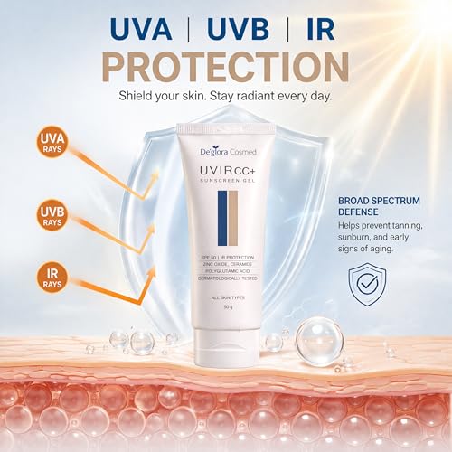 Image of Deglora UVIR CC+ Colour Correction Sunscreen with Instant Glow SPF 50 PA++++ | Tinted Sunscreen Gel for Face | Zinc Oxide, Ceramide & Polyglutamic Acid | Oil-Free Matte Finish, No White Cast | Broad Spectrum UVA /UVB Protection | 50 g