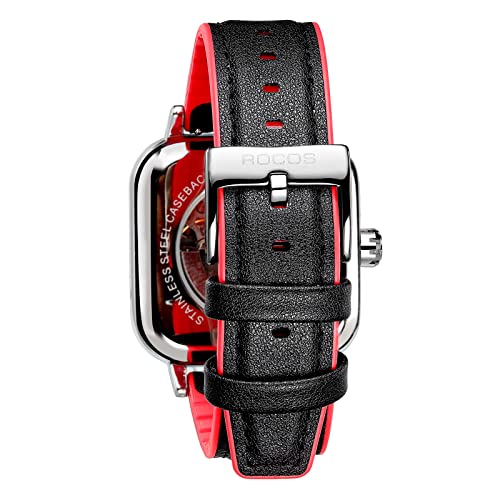 Image of ROCOSJEWE Automatic Watches for Men Skeleton Mechanical Watch Stainless Waterproof Anti Shock Casual Analog Dress Watch Leather Band Vintage Square Ultra Thin Business Wristwatch R0917