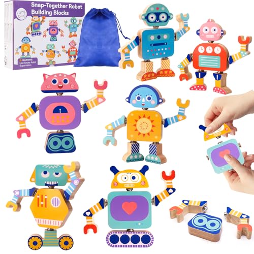 Wooden Snap-Together Robot Building Block Set, Montessori STEM Take-Apart Toy, 33-Piece Fine Motor Skills Learning Toy with Poseable Limbs for Different Robot Poses,for Kids Ages 3-6 with Storage Bag