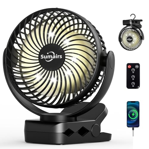 Sumairs 10000mAh Akku Camping Ventilator 14cm mit Lampe 9-55 Std.Laufzeit Ultra-Leise Klemmen Fernbedienung Powerbank Haken Tragbarer USB Tischventilator für Outdoor Zelt Reise Büro wohnmobil Growzelt