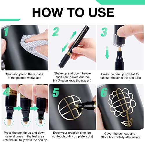 Kerifi Art Liquid Gold Chrome Markers, Reflective Gloss Metallic Chrome Marker Set, Supper Golden Mirror Marker Permanent, Touch Up Repair Paint Pen For Model Rocks Metal Glass Plastic (5Pack, 1-3Mm) #TOP5