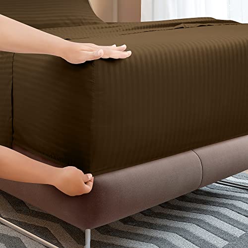 Image of ROYALE LINENS 4 Piece Cal King Sheets Set - Soft Brushed Microfiber - 1 Fitted, 1 Flat Sheet, 2 Pillowcases - Wrinkle Free & Fade Resistant - Hotel Luxury Bed Sheets (Stripe Chocolate, Cal King)
