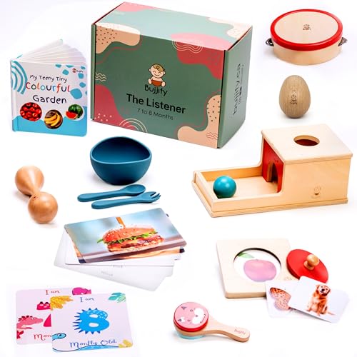 Image of Bujjify Montessori Toy Set 7-8 Months Infant Toys - Object Permanence Box, Baby Led Weaning, Feeding Set, Wooden Sensory Musical Instruments, Puzzle, Board Book, Flash Cards, Gifts Basket