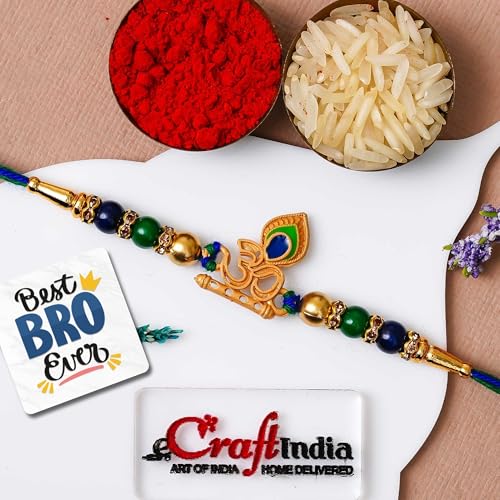 Image of eCraftIndia Designer Peacock Feather Om Rakhi for Brother with Gift Combo Set | Raksha Bandhan Rakhi for Bhai Bhaiya | Best Bro Ever Fridge Magnet | Roli Chawal Pack