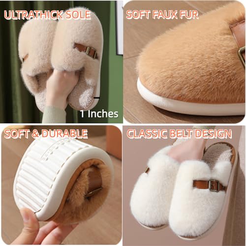 Retro Fuzzy Slippers for Women Soft Plush Thickened Classic House Shoes with Leather Strap Decoration Slip-on Fluffy Cozy Indoor Outdoor Slippers Old Money Aesthetic4