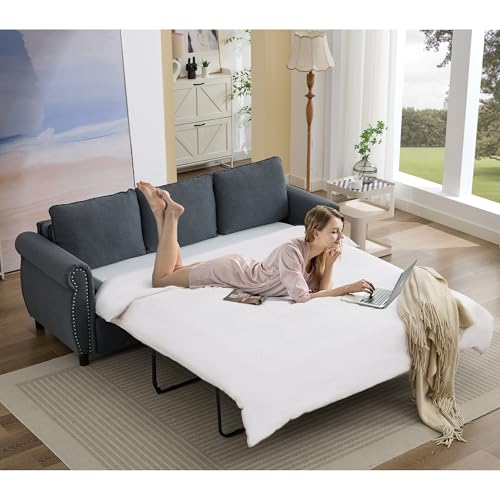 Image of Modern 3 Seat Sofa Couches with Pull Out Queen Memory Mattress Sleeper Bed, 2-in-1 Convertible 3 Seater Sofa Couch W /Rivet Decor and Scroll Armrests for Home Apartment