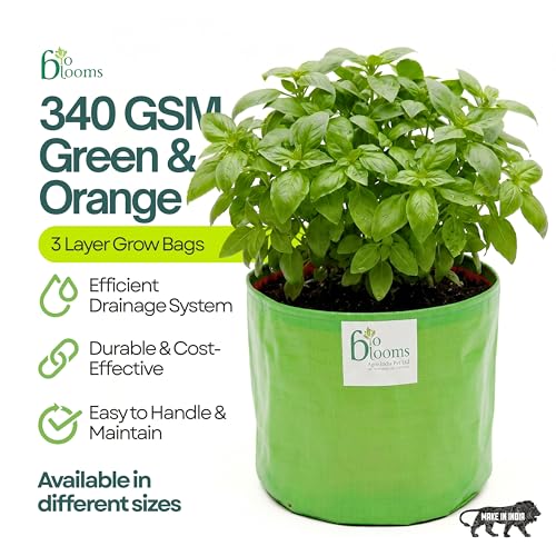 Image of Bio Blooms Round HDPE Plant Grow Bag for Terrace & Kitchen Gardening | Pack of 1 | 18x18 | 200 GSM Heavy Duty Outdoor Grow Bag | Durable Planter for Vegetables, Flowers & Plants | Green & Orange