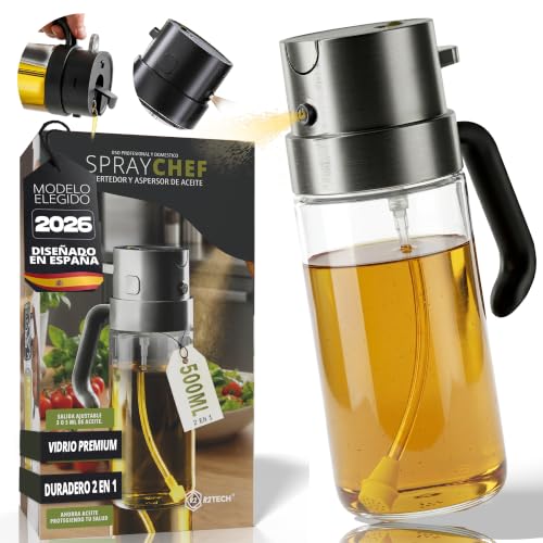 R2TECH Aceitera Spray Pulverizador Antigoteo Cristal 470ml, Utensilios De Cocina para Air Fryer 2 en 1