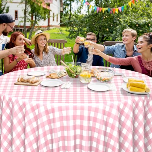 Image of 12 Pack Pink Gingham Tablecloth Round, Premium Decorative Disposable Pink and White Checkered Plaid Table Cloths for Parties, Round Party Table Cover for Picnic Farm Birthday Wedding Festivals, 84Inch