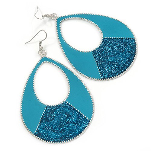 Large Teal Enamel With Glitter Oval Hoop Earrings In Silver Tone - 90mm L