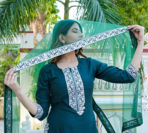 Image of GoSriKi Women's Cotton Blend Straight Embroidered Kurta with Pant & Dupatta (Tistha Green-Jan40-GS)
