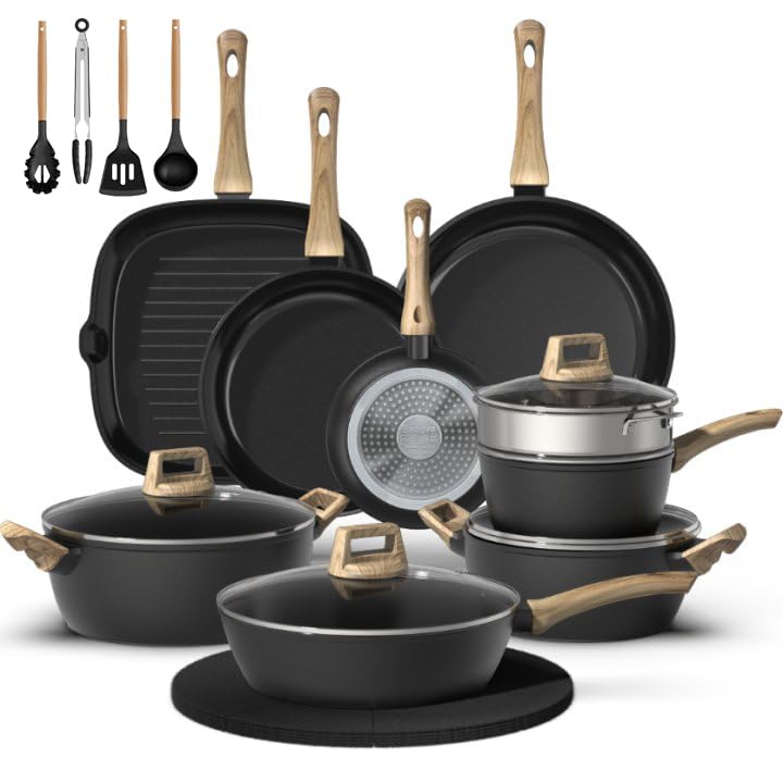 Bazova 23-Piece Pots and Pans Set Non Stick,Titanium Ceramic Cookware Set Non Toxic,Long-Lasting,PFAS Free,Induction Compatible,Complete Kitchen Set with 3 Frying Pans for All Cooking needs