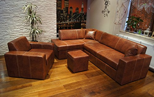 Quattro Meble Echtleder Set Antalya I Ecksofa 245 x 164cm + Sessel + Hocker + 2 x Lederkissen Sofa Couch mit Schlaffunktion und Bettkasten Echt Leder Eck Couch Garnitur