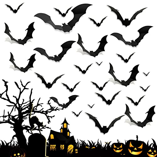 PETPAWJOY Halloween Bats, 3D Bats Wall Decor Stickers 4 Size PVC Waterproof Black Spooky Bats for Halloween Eve Party Supplies