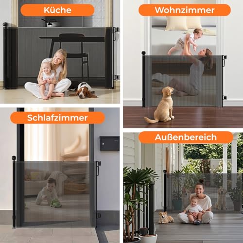 Allyson® Treppenschutzgitter Ausziehbar, Türschutzgitter bis 140 cm Treppengitter für Kinder & Haustiere, Kinderschutzgitter 85 cm Höhe, Haustierschutzgitter Einziehbar, Verstellbar & Stabil – Schwarz