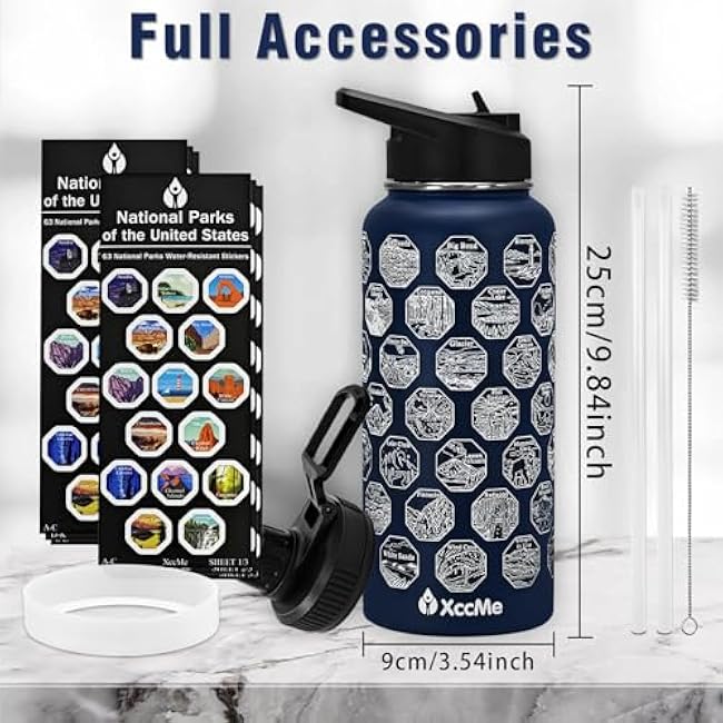 National Parks Water Bottle with Stickers,32 oz Stainless Steel Insulated Water Bottle with Straw,2 Lids,Leak Proof Metal Water Cup for Hiking,Travel,Sports,Camping,Wide Mouth Bottle