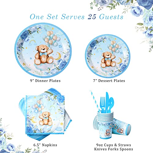 200 Pcs Bear Baby Shower Decorations For 25 Guests Baby Shower Paper Plates Napkins Boy Sets Blue Bear Baby Shower Theme Party Supplies Plate Cups Spoons Napkins Knife Straws For Baby Shower Boy Girl #TOP1