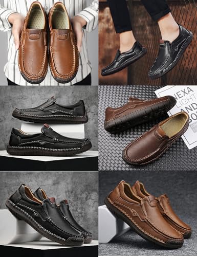 Men's Leather Slip-On Driving Loafers,Trendy Comfortable Hand-Stitching Elastic Non-Slip Flat Dress Casual Shoes3