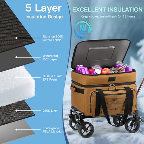 Image of Extra Large Wheeled Portable Cooler Bag 85 Cans Double Deck Heavy Duty Rolling Insulated Cooler with All-Terrain Wheels Leakproof Tactical Soft Sided Cooler for Beach Camping Picnic Travel