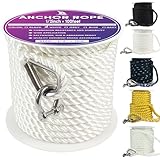 Cuerda de anclaje para barco de alta calidad de 1/2 pulgada y 100 pies, línea de anclaje trenzada de 3 hebras, cuerda marina con dedal y grillete 316SS, color blanco