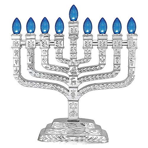 Metallic Silver L.E.D. Electric Hanukkah Menorah - Knesset Style with 12 Tribes - Powered by USB Cord Included