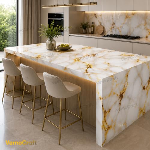 Image of White Gold Marble Wallpaper Peel and Stick Waterproof Kitchen Countertop Wallpaper for Cabinets, Bathroom Self Adhesive Marble Wallpaper Removable and Decorative (60X200 CM)(Pack of 1)