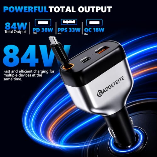 Image of GadgetBite EON 84W Fast Car Charger with Dual Type-C PD 30W & 33W, USB-A 18W Output, Multi-Port Charger with Built-in Cable 0.85m, Universal Compatibility for Smartphones, Tablets & iOS (Grey)