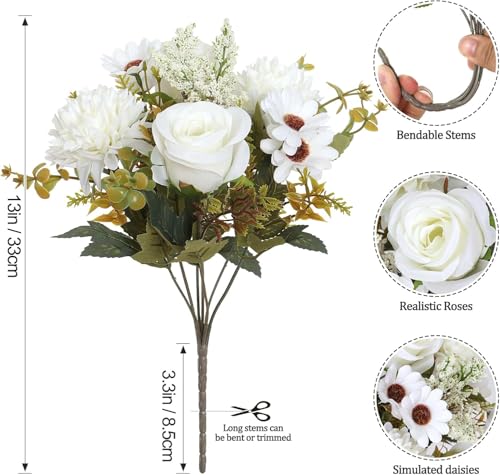 Image of Artificial Flower Bouquet for Home Decoration - 2 Pcs Faux Rose & Daisy Bouquet (Without Pot) Artificial Flowers for Living Room, Bedroom, Office, Vase Decoration (White)