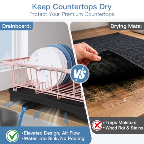Image of JASIWAY Pink Dish Drying Rack in Sink with Drainboard and Utensil Holder
