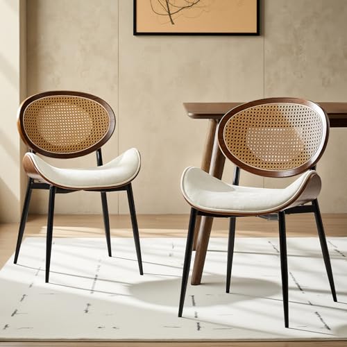 HULALA HOME Rattan Dining Chairs Set of 2, White Mid-Century Modern Dining Room Chair Farmhouse Wood Kitchen Accent Chairs with Curved Backrest, Black Metal Legs for Living Room Bedroom-Ivory