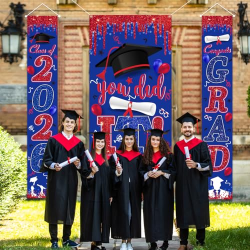 Image of Red and Blue Graduation Decorations Class of 2026 Banner Congrats Grad Porch Signs and You Did It Door Cover for High School College Graduation Party Supplies