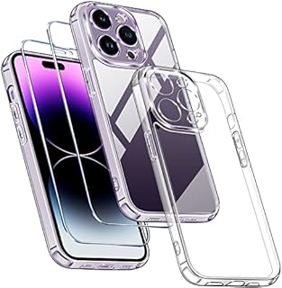 ivoler [3 in 1] Camera Protection Case for iPhone 14 Pro 6.1", [Long Lasting Clarity] [Military Grade Shockproof], 1Phone Case + 2 Glass Screen Protector, Protective Hard Back Slim Cover - Clear