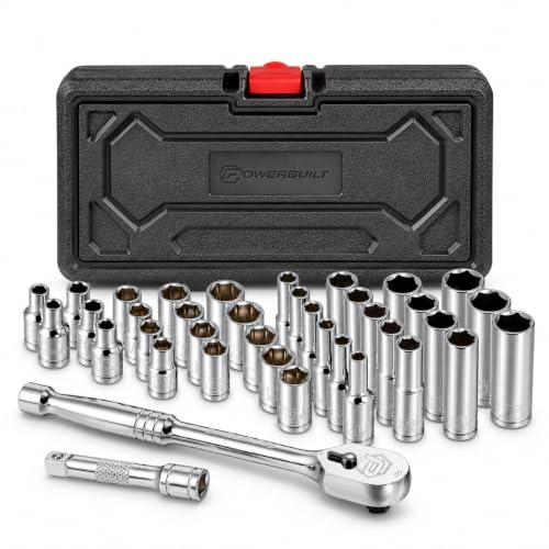 Powerbuilt 38-Pc 1/4' Drive SAE & Metric Socket & Ratchet Handle Set 642450 | 38-pc set includes SAE & metric 6-point shallow and deep sockets, 72-tooth quick-release ratchet, 2' extension and case.