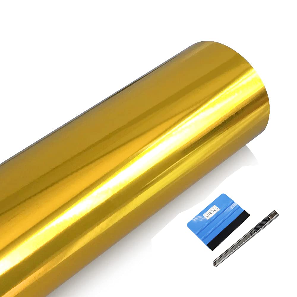 LZLRUN Chrome Mirror Gold Car Vinyl Wrap Self Adhesive Film 1.65ft x 5ft