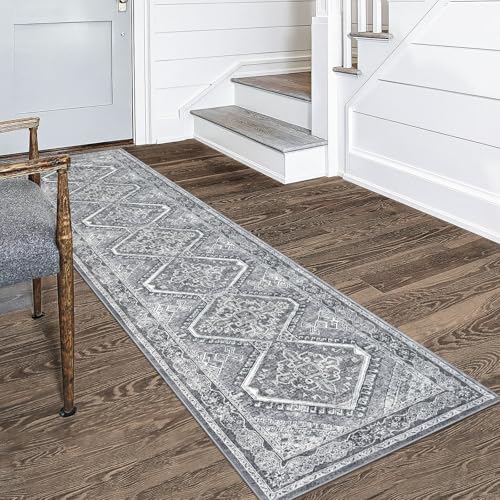 KUTA Oriental Medallion Kitchen Runner Rug, 2x8 Vintage Grey Washable Hallway Runners Non-Slip Ultra Soft Printed Distressed Tribal Floor Carpet Rugs for Bedroom Living Room Nursery