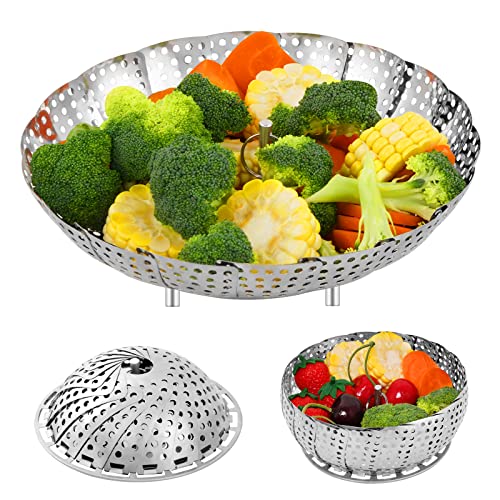 stainless steel cooking basket - Elyum Vegetable Steamer Basket Stainless Steel Vegetable Steamer for Cooking Foldable Expandable Steamer Basket Insert with Removable Center Handle Adjustable Sizes to Fit Various Pots (5.2