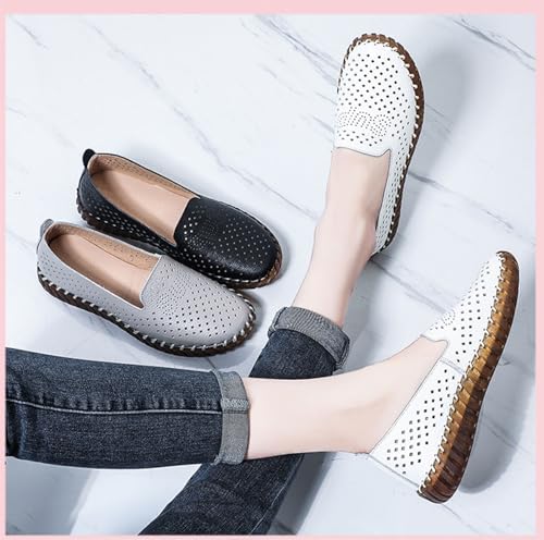 Image of Women's Handmade Leather Casual Beef Tendon Soft Sole Loafers Comfortable Round Toe Breathable Oxford Arch Support Walking Shoes