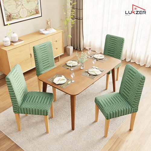 Image of Lukzer Elastic Dining Chair Cover - 2PC Pastel Green Dotted Stripe | Textured High Stretch Jacquard Seat Cover | Removable Washable Short Dining Chair Cover Protector Seat Slipcover | (CC-066-02)