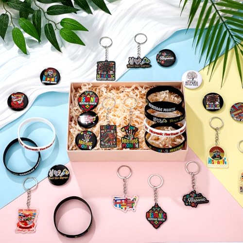 Kenning 300 Pcs Hispanic Heritage Month Giveaways Acrylic Keychains, Silicone Bracelets, Button Pins Gift Bulk for Women, Men, and Cultural Celebrations2