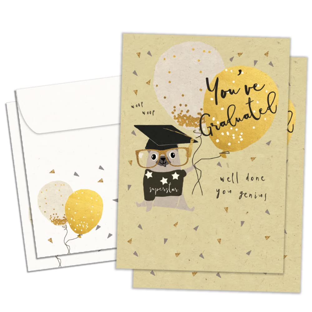 Tree-Free GreetingsGraduation Greeting Cards - Artful Designs - 2 Cards + Matching Envelopes - Made in USA - 100% Recycled Paper - 5"x7" - Genius Pug (GT64346)