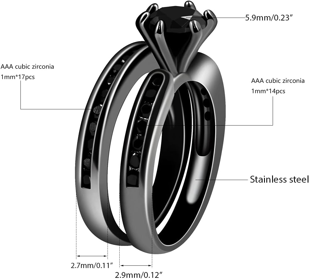 Black Zircon Solitaire Channel Set Wedding Band Eternity Engagement Ring 2PCS Women's Bridal Rings Sets Y1077-2D